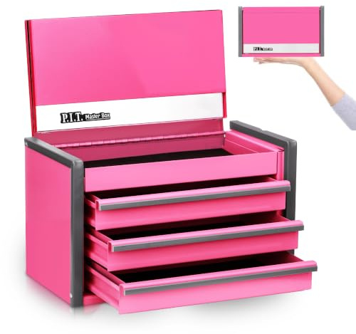 P.I.T. Mini Rosa Werkzeugkasten, tragbarer Werkzeugkasten aus Stahl mit 3 Schubladen, mit magnetischer Lasche, rosa Mikro-Top-Truhe mit Einsatz für Werkzeugaufbewahrung, Heimwerker