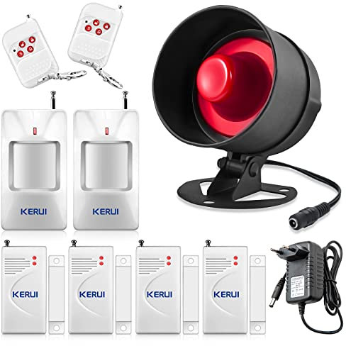 KERUI Allarme Casa Senza Fili, Ring Alarm Ultra Forte con 4 Allarme Porta 2 Telecomando 2 Sensore Movimento 1 Corno da Sirena, Antifurto Casa per Garage, Magazzino, Finestre, Camper, Shed