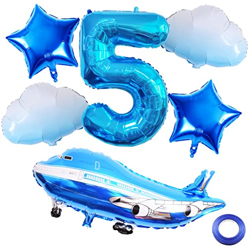 Weenkeey 5th Airplane Birthday Balloons Aircraft Balloon 5th Birthday Decor Giant Airplane Aluminum Foilballoon Number 5 Mylar Balloon for Flying Party Boys Birthday Decor - Blue