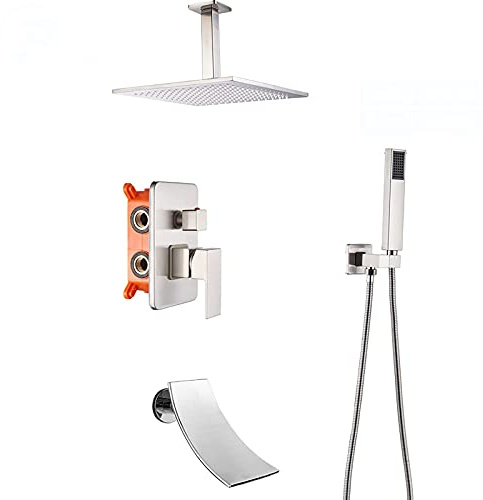Système de douche à effet pluie Ensemble combiné de douche en nickel brossé Ensemble de robinet de douche de salle de bain monté au plafond avec pommeau de douche, douche à main, robinet de baignoire,