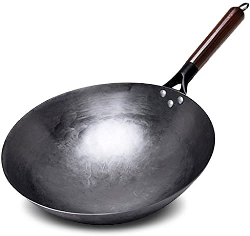 ZAANU Wok de Hierro para el hogar, sartén de Hierro Forjado a Mano Mango de Madera Hierro Wok Antiadherente Olla Cocina de Gas Wok (Color : D, Size : 34cm) (D 32cm)
