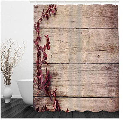 Whoiy Duschvorhang 180X200 Ums Eck, Duschvorhang Eckbadewanne Polyester Badegardinen Grasholzwand Rotbraun für Outdoor Hotel