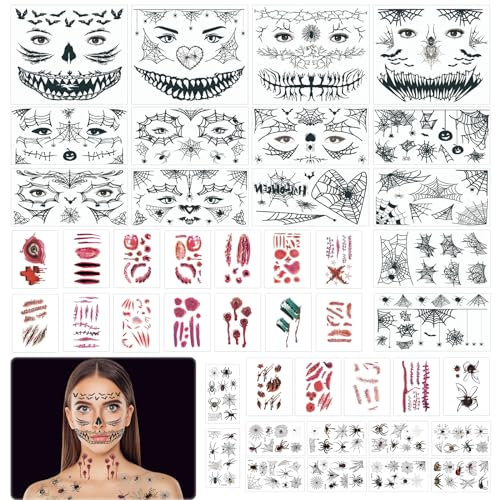GAROMIA 34 Kits Halloween Gesicht Temporäre Tattoos - Schwarz Spinne, Narben, Spinnennetz, Totenkopf für Männer Damen Schminke Halloween Party Karneval