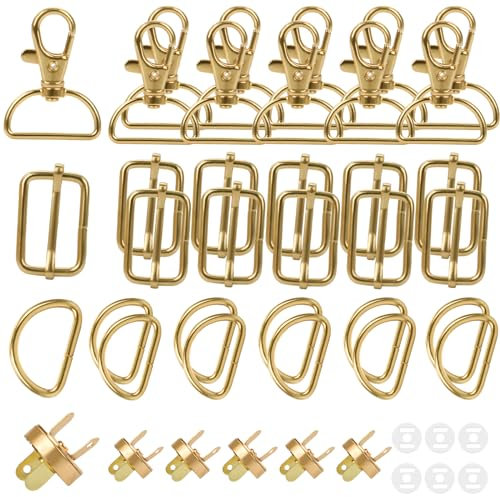 36 Stück 25mm taschenzubehör zum nähen mit 10 d ringe 10 Karabinerhaken SchlüSselanhänger Gold 10 Leiterschnalle 6 Magnetknopf Metall Karabinerhaken für Taschen,Basteln,Handtaschen,Handwerk