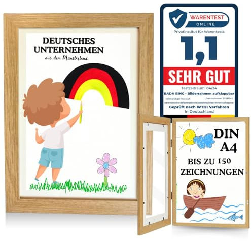 Bada Bing Bilderrahmen A4 für Kinderzeichnungen in Holz Optik - Kunstfotorahmen aufklappbar mit Frontöffnung für bis zu 150 Kinderbilder - Befüllbarer Fotorahmen - Kunst zum Sammeln von Bildern