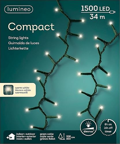 Lumineo Lichterkette Compact warm weiß - 1500 LED's - 34 Meter - grünes Kabel - Indoor & Outdoor - Timer - dimmbar - IP44 Schutz