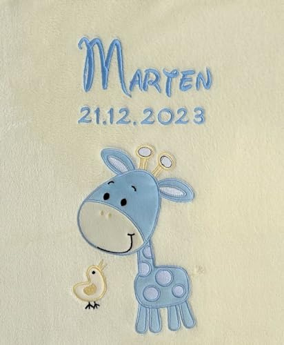 KIDDI-MEDIA Babydecke, Beige Giraffe Hellblau 2 | Mit Name und Geburtsdatum, Bestickt / kuschelig weich, ÖKO-TEX® Standard 100