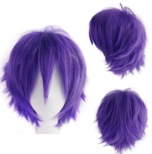 DCBaboo Lila peruker unisex för cosplay anime kort lockigt hår 30 cm (12 tum), fluffigt rakt hår