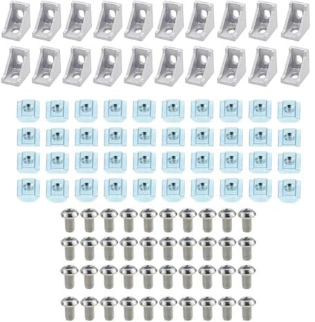 Aqxylzx 3030-Aluminium-Profilverbinderset: 20 Stück 3030-Eckwinkel + 40 Stück M6-T-Nutensteine ​​der Serie 20 + 40 Stück M6x12-mm-Innensechskantkappe (Color : Silver- T Nuts)