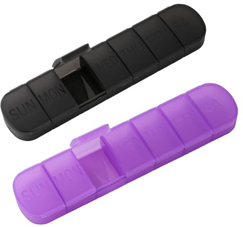 Tablettenbox 7 Tage, Pillendose für 7 Tage, Tablettendose, Pillenbox mit getrennten Fächern, handliche Medikamentenbox. (Schwarz, lila)