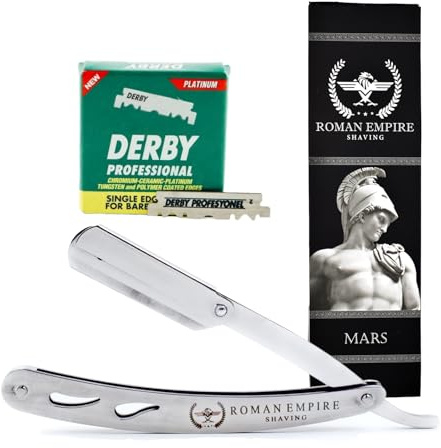 Rasoio a Mano Libera Mars di Roman Empire Shaving | Rasoio per Uomo Professionale da Barbiere per Barba, Baffi e Contorni con Set di 100 Lamette Derby Professional