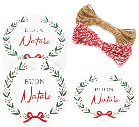 G2PLUS 100 etichette per regali di Buon Natale, 5 x 5 cm, rotonde, con cordino, per confezionare regali, Natale, bianco