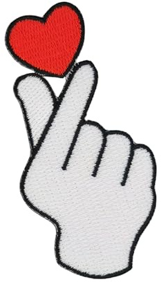 Finger Herz Zeichen Aufnäher zum aufbügeln oder aufnähen Bügelbild Bügelpatch Handzeichen Geste Hand Liebe Aufbügler für Kleidung Bügelflicken Applikation Patch Größe 4,3 x 7,9 cm