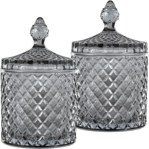 HANFCO® Set di supporti per cotton fioc in vetro grigio, porta batuffoli di cotone in cristallo, barattoli di vetro con coperchi, accessorio da bagno, vanità trucco, porta punta Q, barattoli da