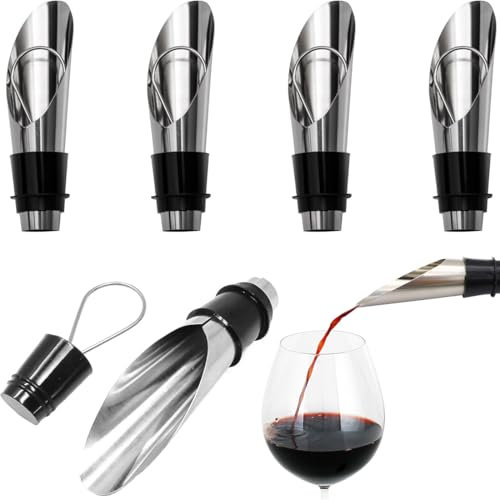 JEYORZY 5 Piezas Vertedor de Acero Inoxidable, con 5 tapon botella cava, tapon champán, tapones vino, Botellas Cónica Boquillas Anti-Goteo Dispensador, que mantiene el vino y el champán frescos