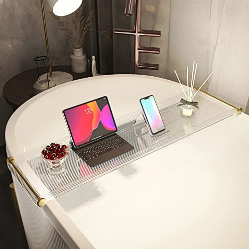Badewannentisch-Tablett, rutschfest und mit erhöhtem Geländer, Badewannenablage über der Badewanne, Lese- und Organizer für Laptops, Badewannentablett aus Acryl mit goldenen Griffen für Spa-
