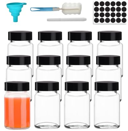 Hniuyun Paquete de 12 botellas de chupito de vidrio de 2 onzas con tapas y 24 etiquetas, botellas pequeñas de vidrio transparente de boca ancha de 60 ml, mini tarros de vidrio reutilizables para