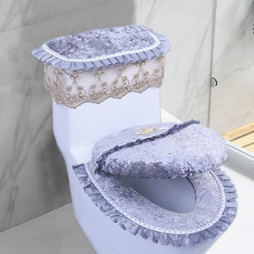 Tadoiooy Toilet Cover Set with Toilet Lid Cover, Toilet Seat Cover and Toilet Tank Cover 3PCS Hidden Floral Pattern Cover Set with Lace Edging for Comfort and Warmth