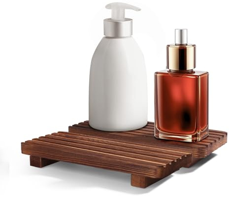 SAMEBUTECO Bathroom Tray,Rustic Wood Soap Tray 2 Packs,Riser Farmhouse Soap Dish Holder,Footed Wood Pedestal Stand for Vanity,Dispenser,Countertop,Size 8.7x4x1.7''