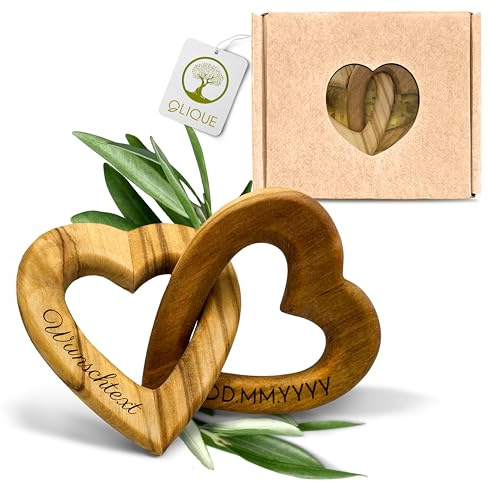 OLIQUE Holzherzen personalisiert, Olivenholz - Verbundene Holz Herzen mit Gravur als individuelles Geschenk zur Hochzeit, Hochzeitstag oder Verlobung (6 cm)