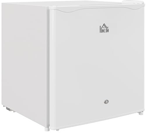 HOMCOM 46 Litre Table Top Mini Fridge with Lock, Small Fridge with Ice Box, Reversible Door, Adjustable Temperature and Legs for Bedroom, Home, Office, Cream White