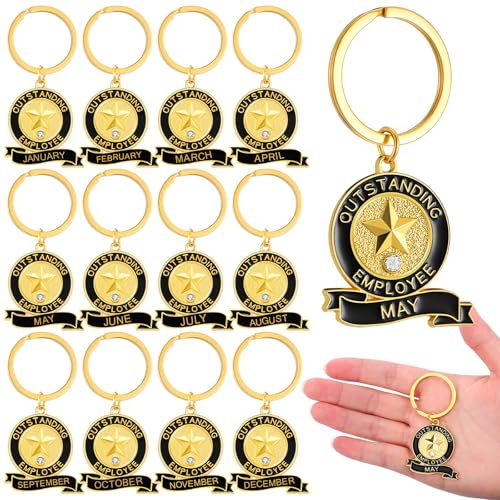 Sureio 12 Pcs Employee of the Month Keychains, 1-12 Month Award | Staff Appreciation Gifts for Teams, Thank You Recognition Tokens,Shiny Golden Medal Design for Office Employee Awards