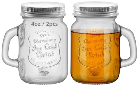 2 Pcs 4 oz Mini Mason Jar Mugs Mason Jar Mugs with Handles and Lids Small Drinking Glass and DIY Favor Decor Wedding Bridal Shower Party Supplies for Drinks, Gifts, Candles and Crafts (Silver lid)