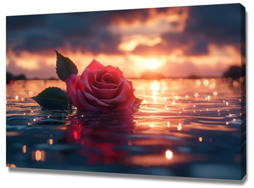 TERUEA Bilder Blumen Vlies Leinwandbild Kunstdruck modern Wandbilder XXL Wanddekoration Design Wand Bild, Eine rote Rose auf dem Wasser für Büro und Zuhause - 20x30cm Gerahmt(rot)