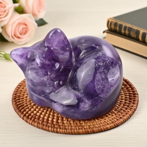 Norhogo Purple Sleeping Cat Figurine Ornament, Cute Gemstone Cat Ornaments, Cute Stone Cat Statue, crystal cat, Purple Amethyst Lucky Cat Figurine, Amethyst Crystal Cat Gifts for Cat Lovers and Women