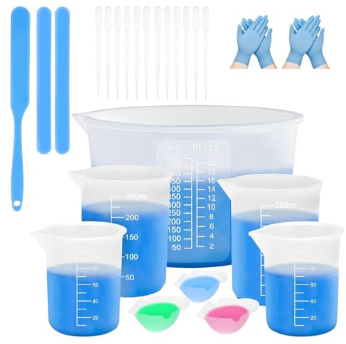 Vasos Medidores de Silicona, Measuring Cups 600ml/250ml/100ml, Moldes Resina Epox, Medidor Silicona Resina Epox con Escala Precisa, Agitador, Espátula de Silicona, Pipeta, para DIY, Laboratorio