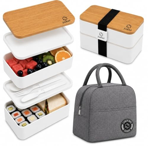 zaraf Bento Lunch Box 2 Couches Boite Repas Compartiment 1200 ml Lunchbox Hermétique avec Couverts Kit et Sac Isotherme Repas Boite Bento pour Adultes Enfants (1200, Millilitres, 2)