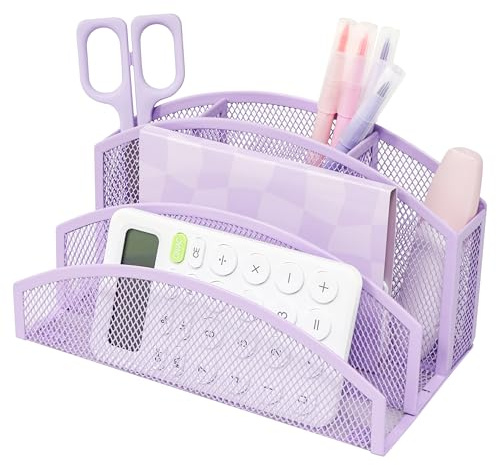 Exerz Organizer da scrivania in rete, 3 ripiani, con 4 scomparti, nero, bianco, rosa, viola, in filo metallico, per ufficio, casa, scuola (viola chiaro)