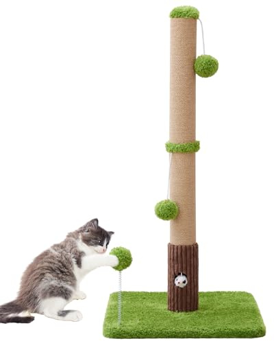 Woochpet 33 Tall Cat Scratching Post for Indoor Cats, Premium Sisal Scratch Posts with Cat Toys and Fun Mouse Holer for Cats at All Ages, Scratcher Tree with Reinforced Stable Base (Green)