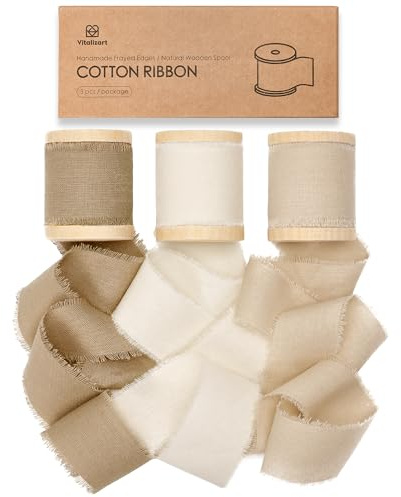 Vitalizart Ruban de Coton 3,8 cm x 13,7 m Kaki & Crème & Nude, Rubans à Franges Faits à la Main pour l'Emballage de Cadeaux, les Invitations de Mariage, les Bouquets, les Décorations de Noël