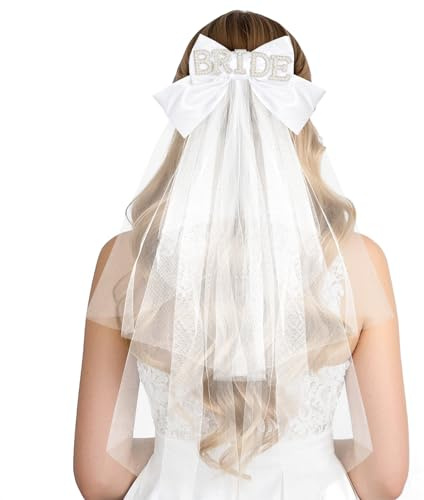 PHOGARY Hen Party Veil, White Bow Veils with Pearl, Hen Do Veil Bride Hair Decorations for Women Bachelorette Party Accessories Bridal Shower Wedding Bride to Be Gifts
