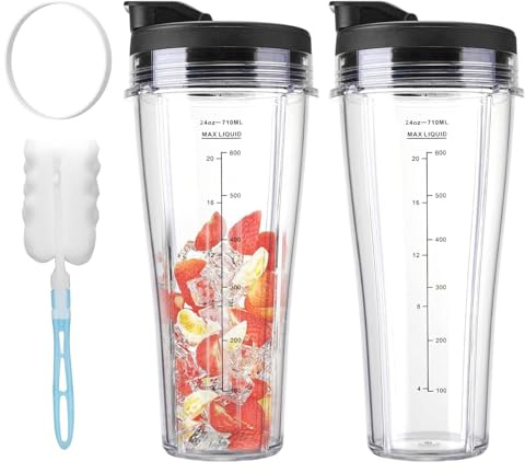 Vasos para licuadora Ninja, 2 vasos de licuadora de 24 onzas con tapas, anillo de sellado de cepillo Cle2aning, piezas de repuesto para licuadora Ninja BN750UK BN800UK BN495UK CB350UK