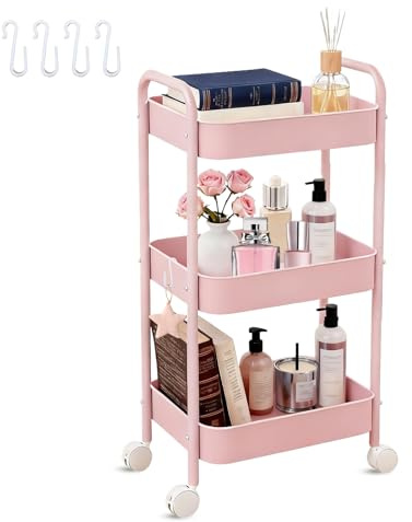 3 Tier Storage Trolley on Wheels with Caster Wheels, Kitchen Trolley with Hook, 78cm/30 inch Height Small Metal Utility Cart Organizer Rack Shelf, Easy Assembly for Beauty Trolleys, Bathroom ( Pink )