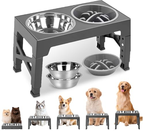 Support Gamelle Chien Surélevée Pliable – 5 Hauteurs Réglables (8–31 cm) – 2 Gamelles INOX de 1200 ML + Gamelle Anti Glouton de 800 ML – Mangeoire et Abreuvoir pour Chiens Moyens et Petits
