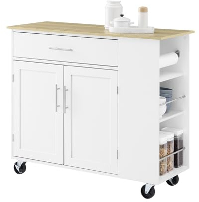 SoBuy Köksö med Arbetsyta – Rullbar Köksvagn & Serveringsvagn med Låda, Fristående Köksö på Hjul för Kök, Matsal & Utomhus, Vit 99x40x85 cm FKW133-WN