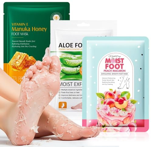 3 Pares Mascarilla Exfoliante para Pies, Calcetines Peeling e Hidratantes, Elimina Piel Muerta y Callos, Suaviza Talones Secos y Agrietados, Para Mujeres y Hombres, Miel Aloe Vera y Melocotón