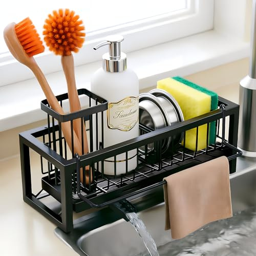 silttble Organizador Fregadero Cocina Negro - Organizador de Cocina con Soporte para Estropajo y Esponja, Bandeja de Drenaje Automático Desmontable, Acero al Carbono para Fregadero de Cocina