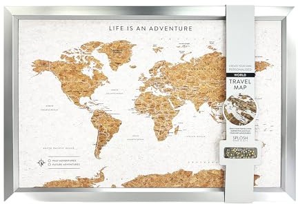 Splosh Framed World Travel Map with Pins – White Cork World Map with Silver Frame Push Pin Travel Map Wall Art Pin Board Travel Tracker Past & Future Adventures Gift for Men & Women (55 x 37 cm)