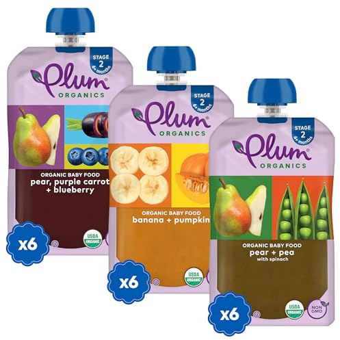 Plum Organics - 6+ Months Organic Baby Food Variety Pack - 3 Flavors - Non-GMO - Fruit & Veggie Blends On-The-Go Pouches for Baby and Toddler Meals - Quality Tested Ingredients - 4 oz (Pack of 18)