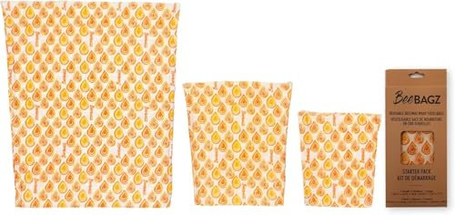 Beeswax Wrap Storage Bag by BeeBAGZ, Reusable Food Storage Bags, Pack of 3, Plastic Free Biodegradable Food Wrap Alternative, Starter Pack, 1 Small + 1 Medium + 1 Large, (Orange)