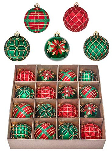 Valery Madelyn 16ct Christmas Ball Ornaments Set, Red Green and Gold Shatterproof Hanging Decorations for Trees, 3.15 Inches