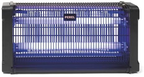 Perel Elektrischer UV Insektenvernichter innen, 2800V Hochspannungsgitter, leise Fliegenlampe mit entnehmbarer Metall-Auffangschale, 100 m² Abdeckung, chemiefreie Insektenbekämpfung