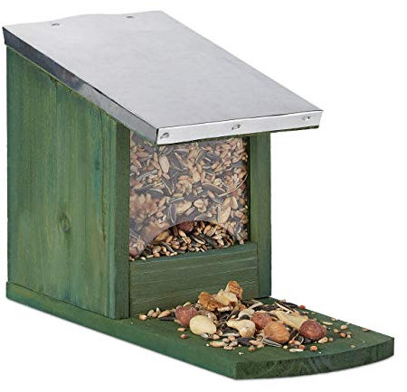 Relaxdays Eichhörnchen Futterhaus, Holz Futterstation, wetterfest, Metalldach, Eichhörnchenhaus zum Stellen, dunkelgrün