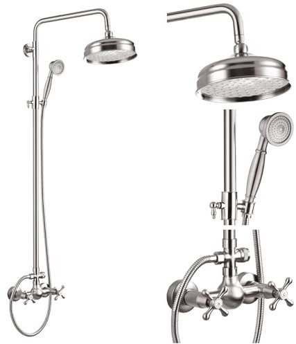 gotonovo Bathroom Exposed Shower Fixtures 8 Inch Rain Showerhead Double Cross Handles 2 Function Wall Mount Shower Faucet Set, Brass Handheld Spray, Brushed Nickel