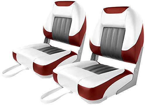 XGEAR Deluxe Low Back Boat Seat, Fold-Down Fishing Boat Seat (2 Seats) (White/Grey/Red)