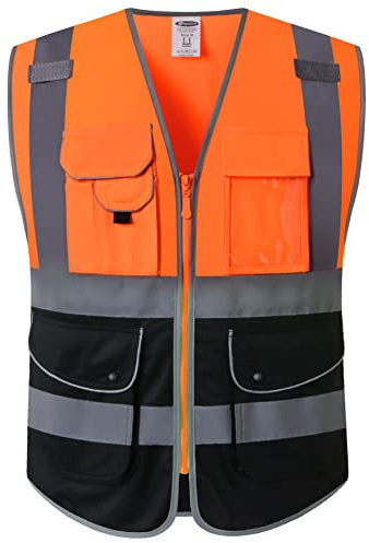 JKSafety Sicherheitsweste mit Reißverschluss vorne mit 9 Taschen, Klasse 2, mit reflektierenden Streifen, entspricht ANSI/ISEA-Standards.